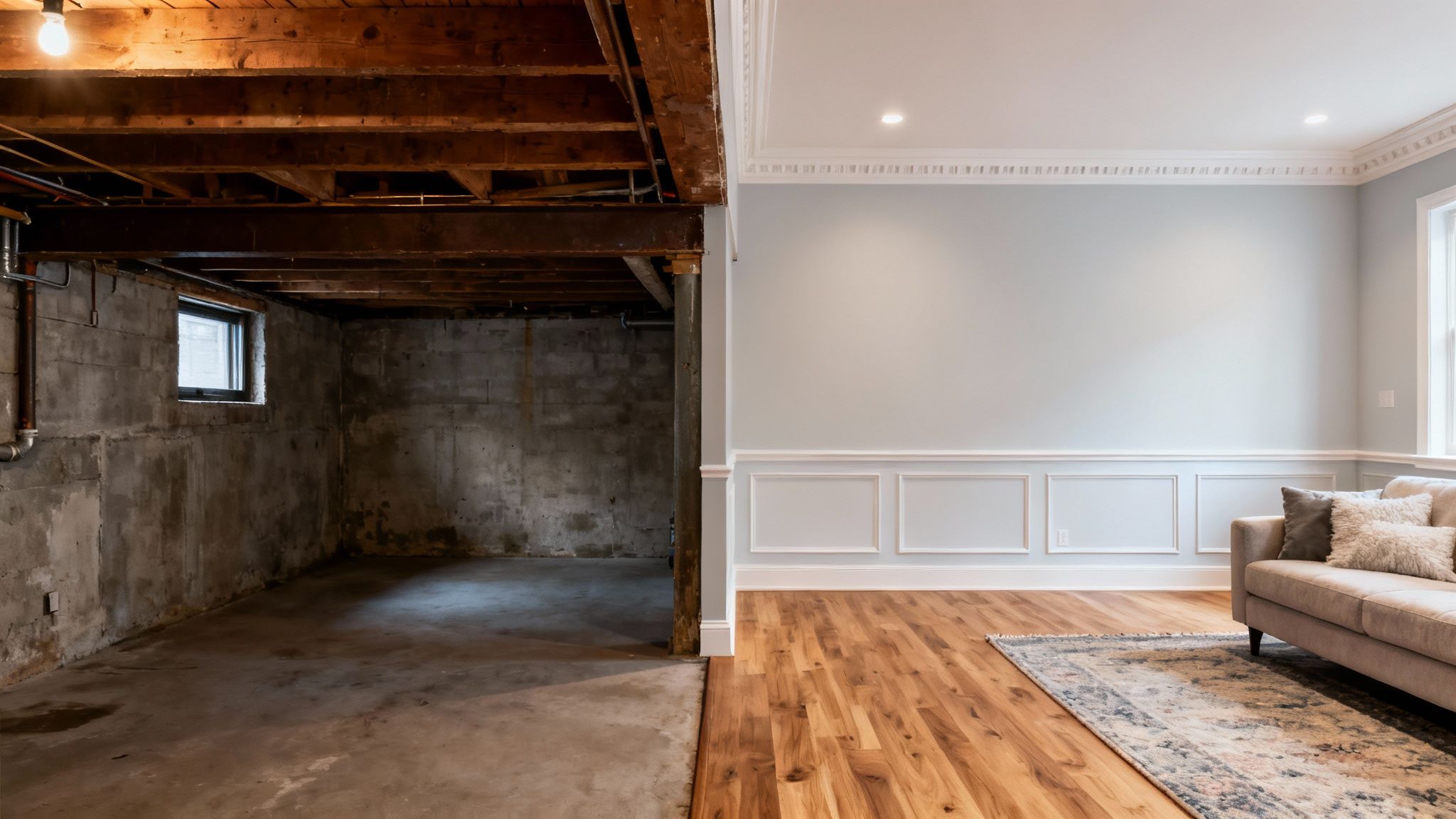 Basement split between an unfinished concrete section and a beautifully renovated living space.