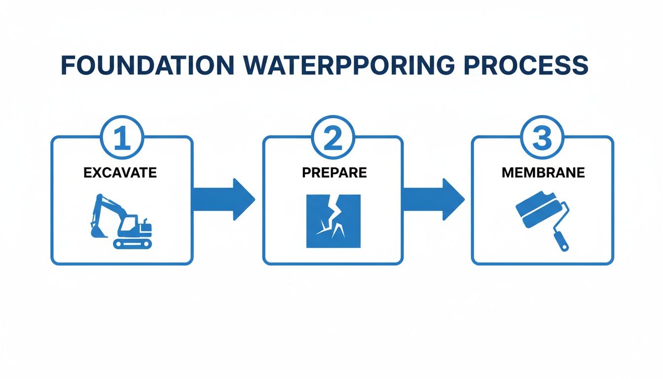 Diagram illustrating the 3-step foundation waterproofing process: excavating, preparing, and applying membrane.