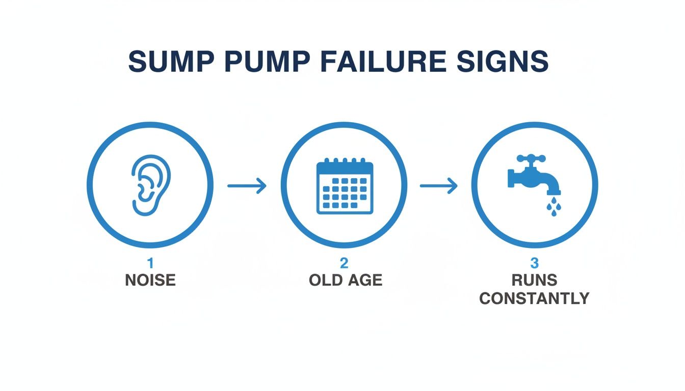Diagram illustrating three common sump pump failure signs: noise, old age, and constantly running.