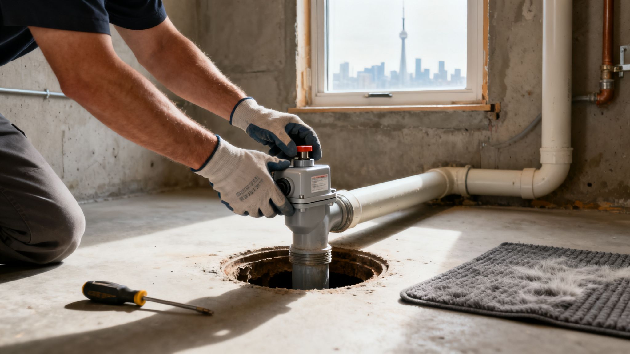 Hands in gloves installing a backwater valve into a basement floor, with a city skyline visible through a window.