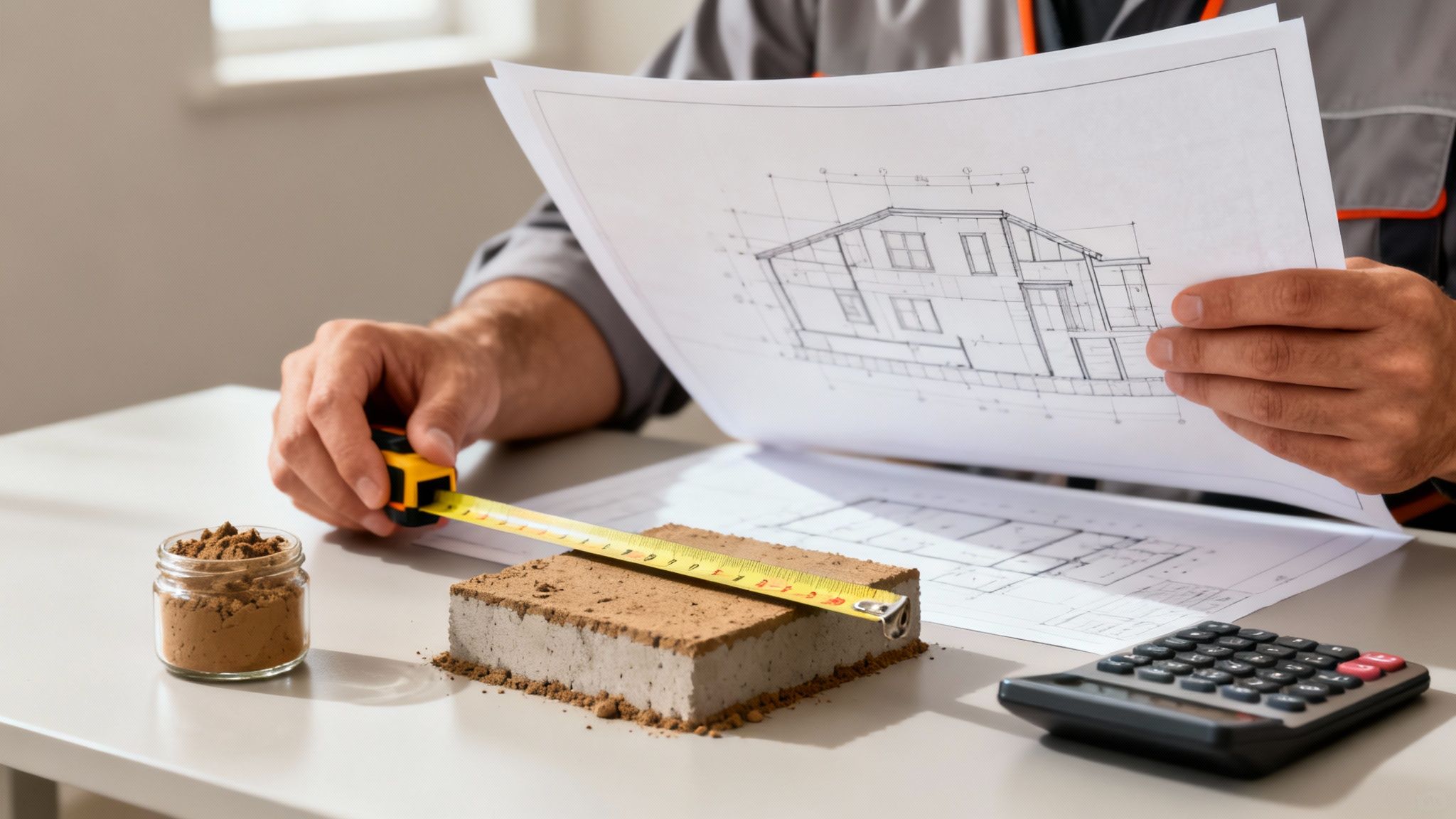 A person in work uniform reviewing house blueprints and measuring a construction material sample.