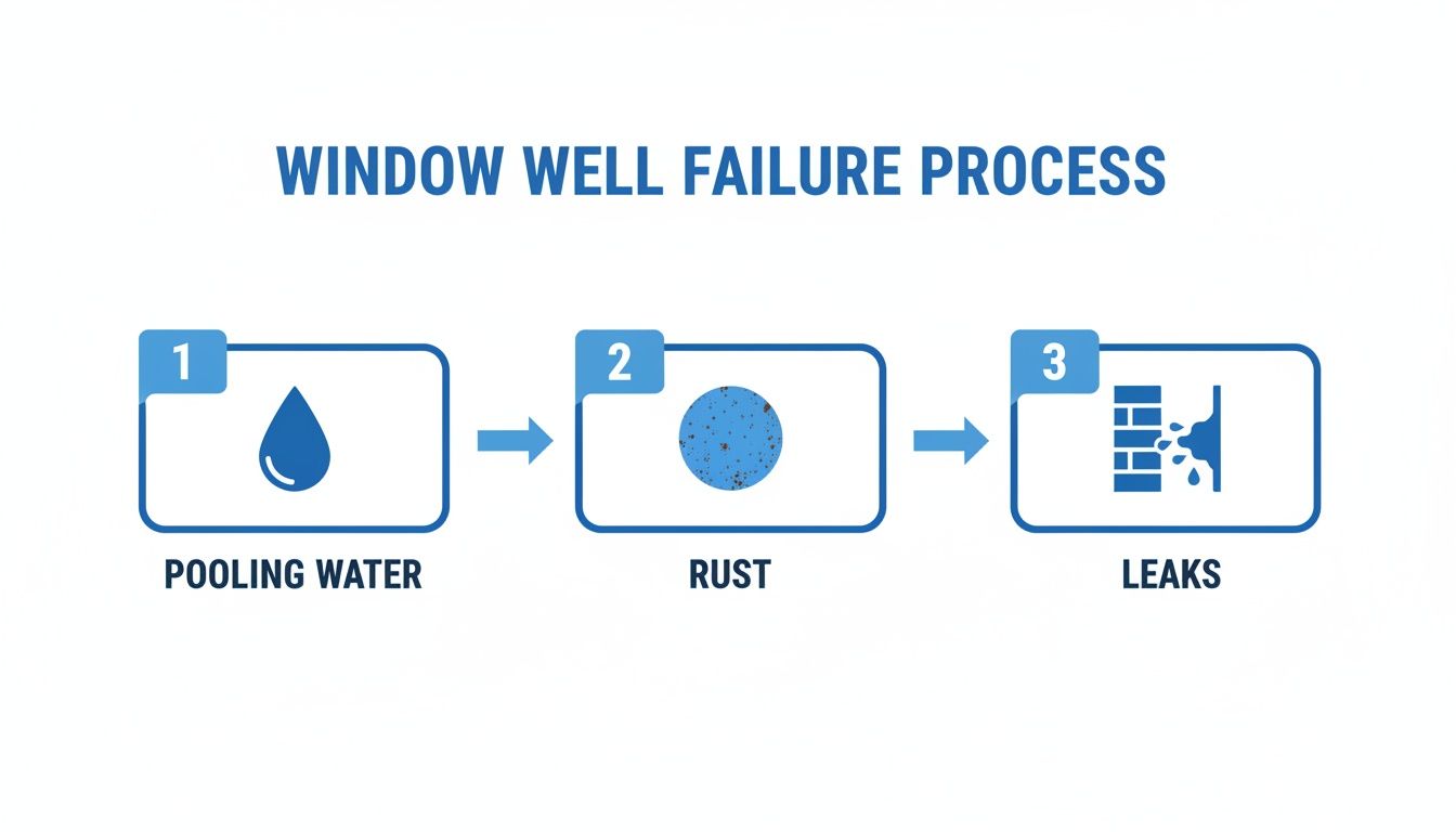 Diagram illustrating the window well failure process, showing pooling water, rust formation, and resulting leaks.