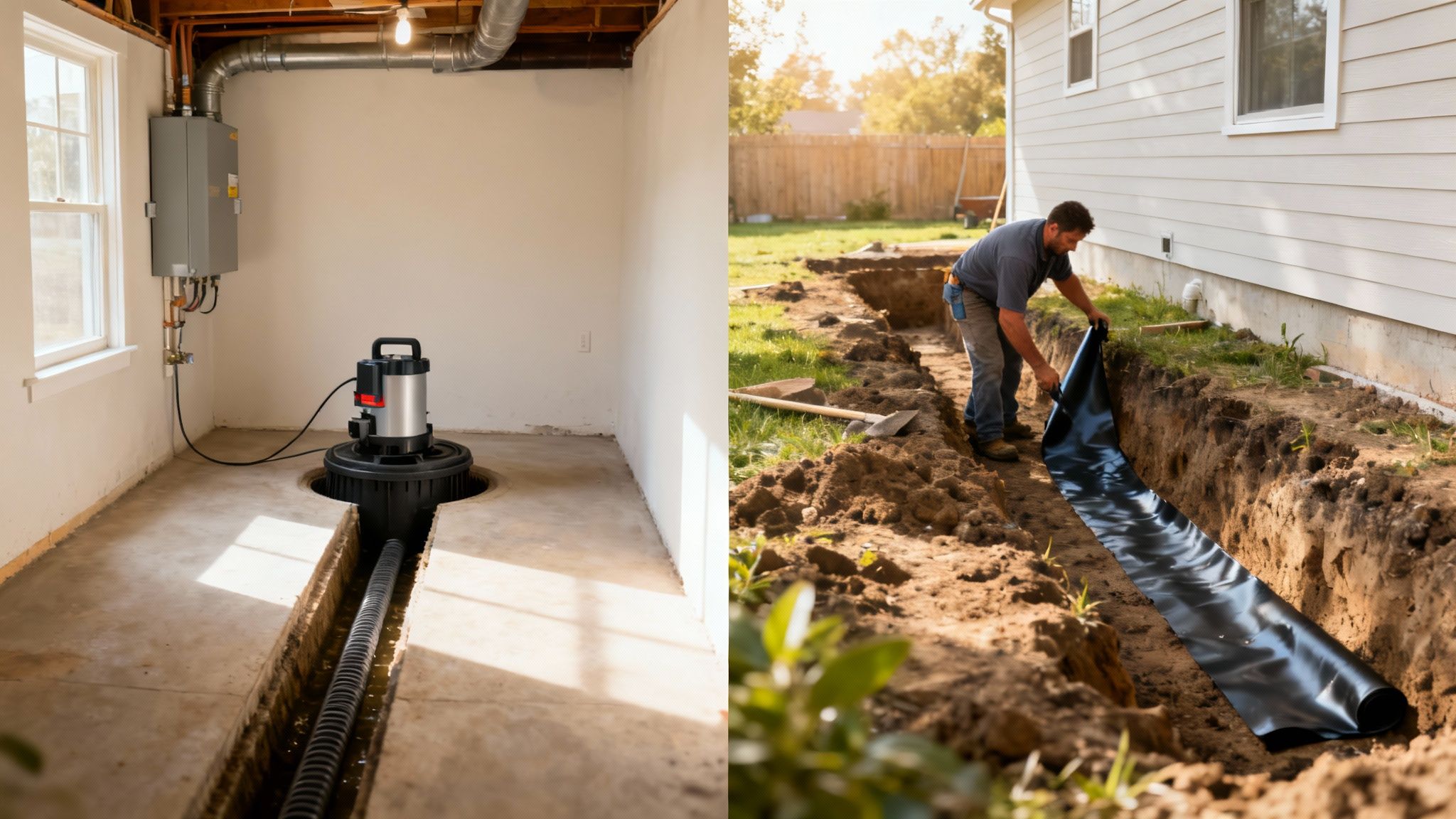 A comparison showing an interior drainage system on the left and an exterior foundation excavation on the right