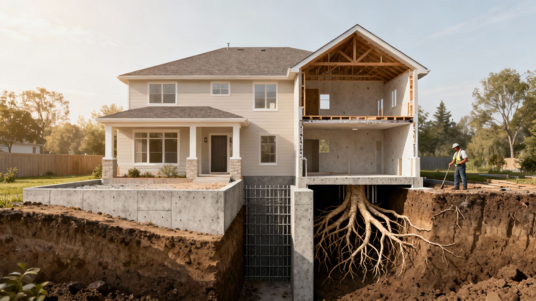 A detailed cross-section of a house under construction revealing its foundation, framing, and underground tree roots.