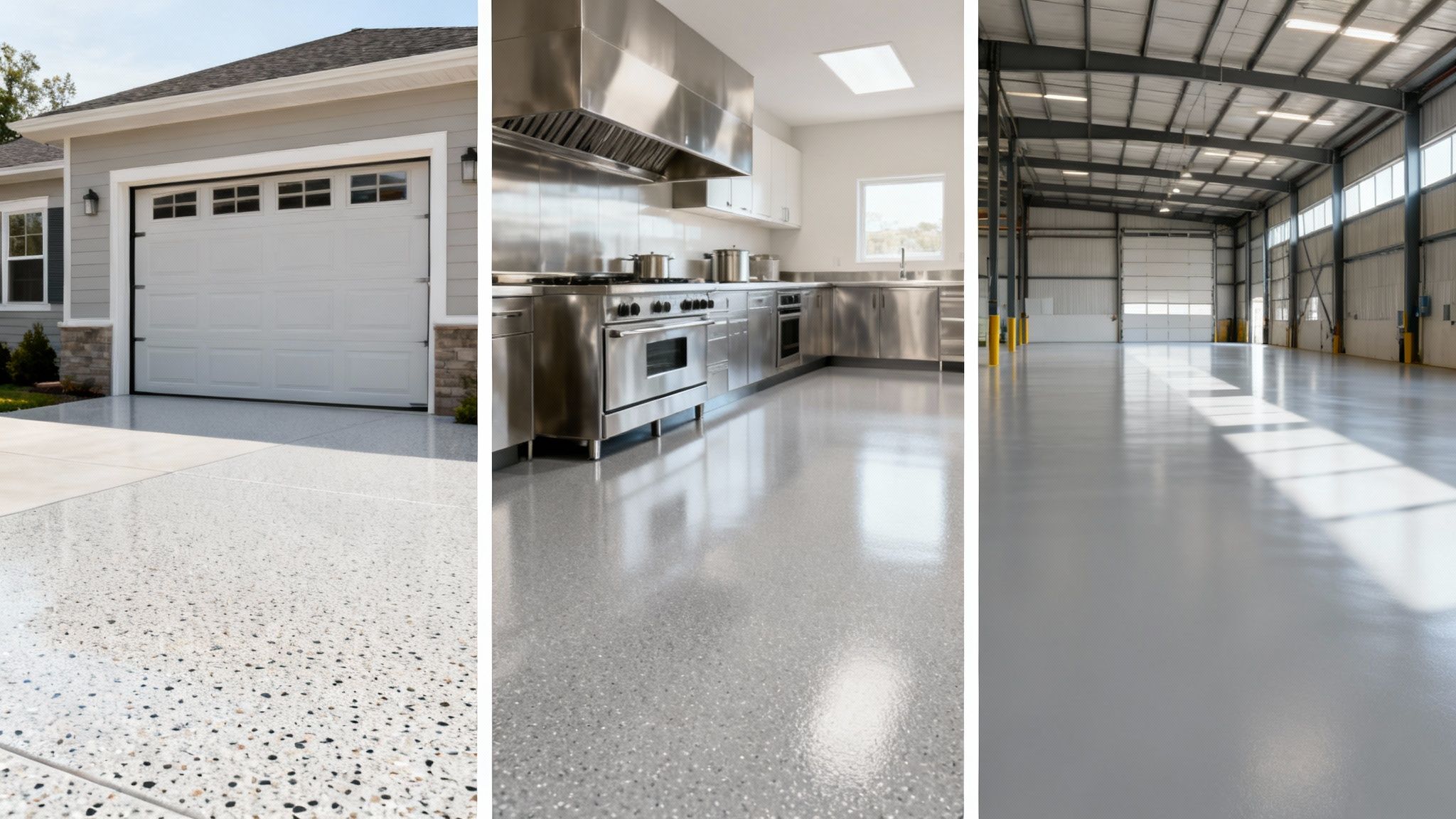 Three images showcasing durable epoxy flooring in residential garage, commercial kitchen, and industrial warehouse settings.