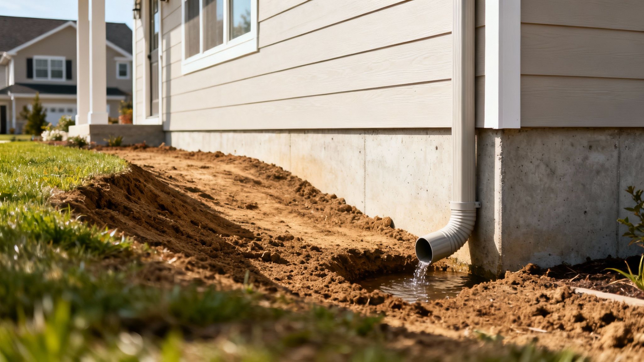 Water flows from a house downspout into a newly dug trench next to the concrete foundation.