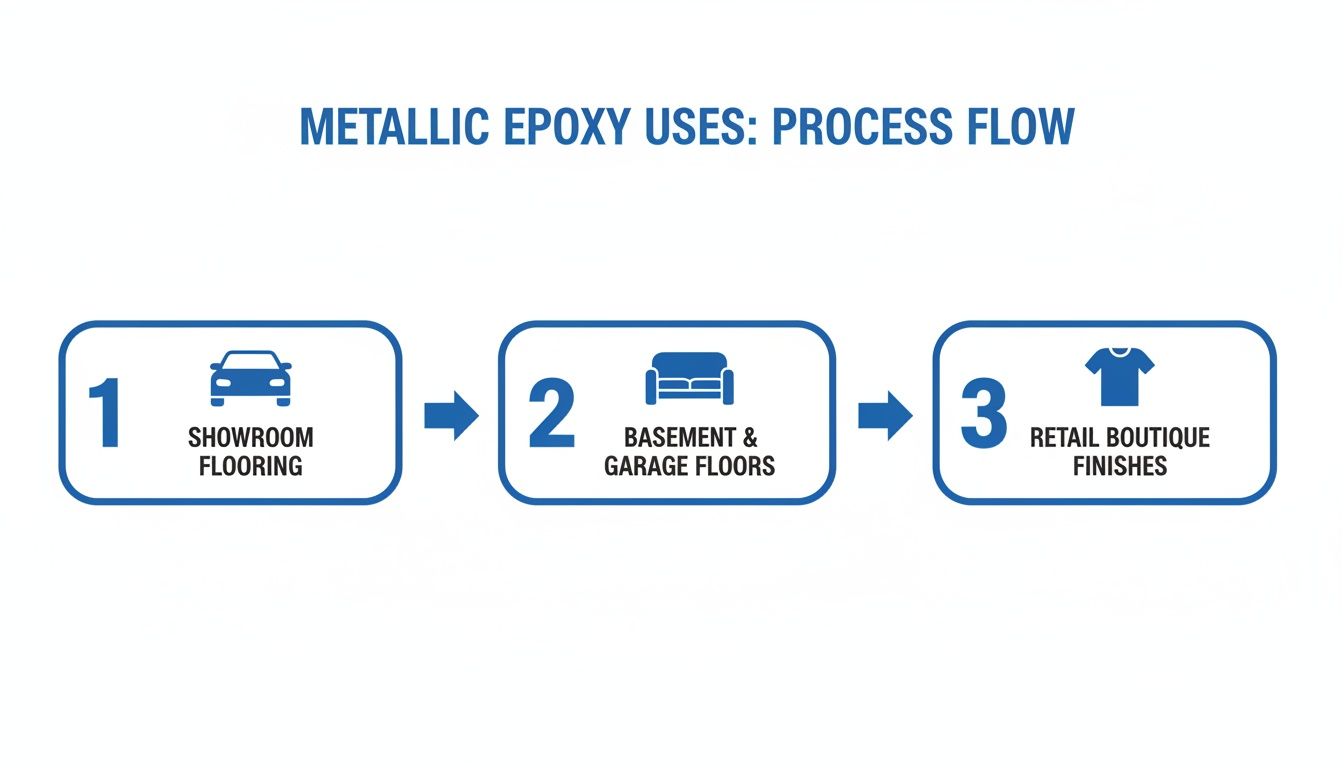 A process flow diagram illustrating three common uses for metallic epoxy flooring: showrooms, basements, and retail.
