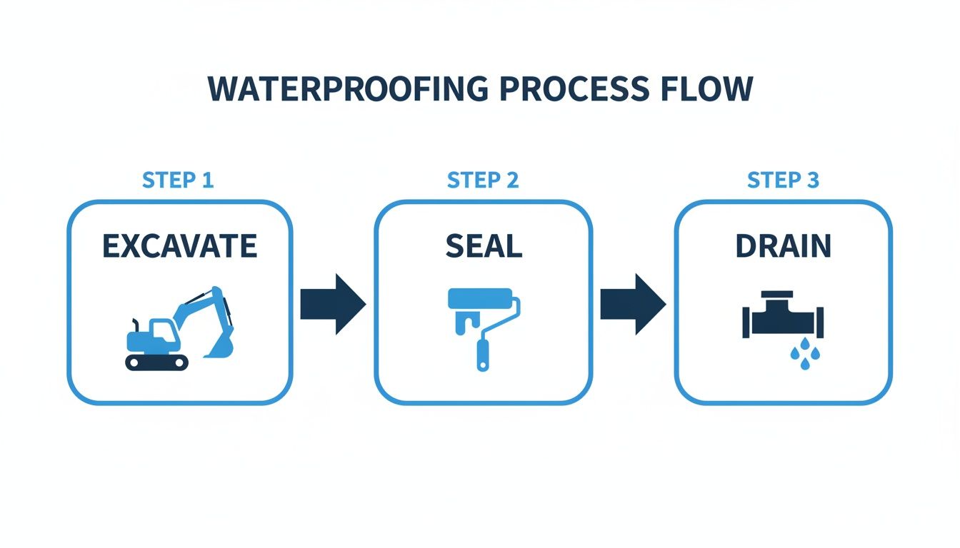 Flowchart illustrating the three steps of external basement waterproofing: excavate, seal, and drain.
