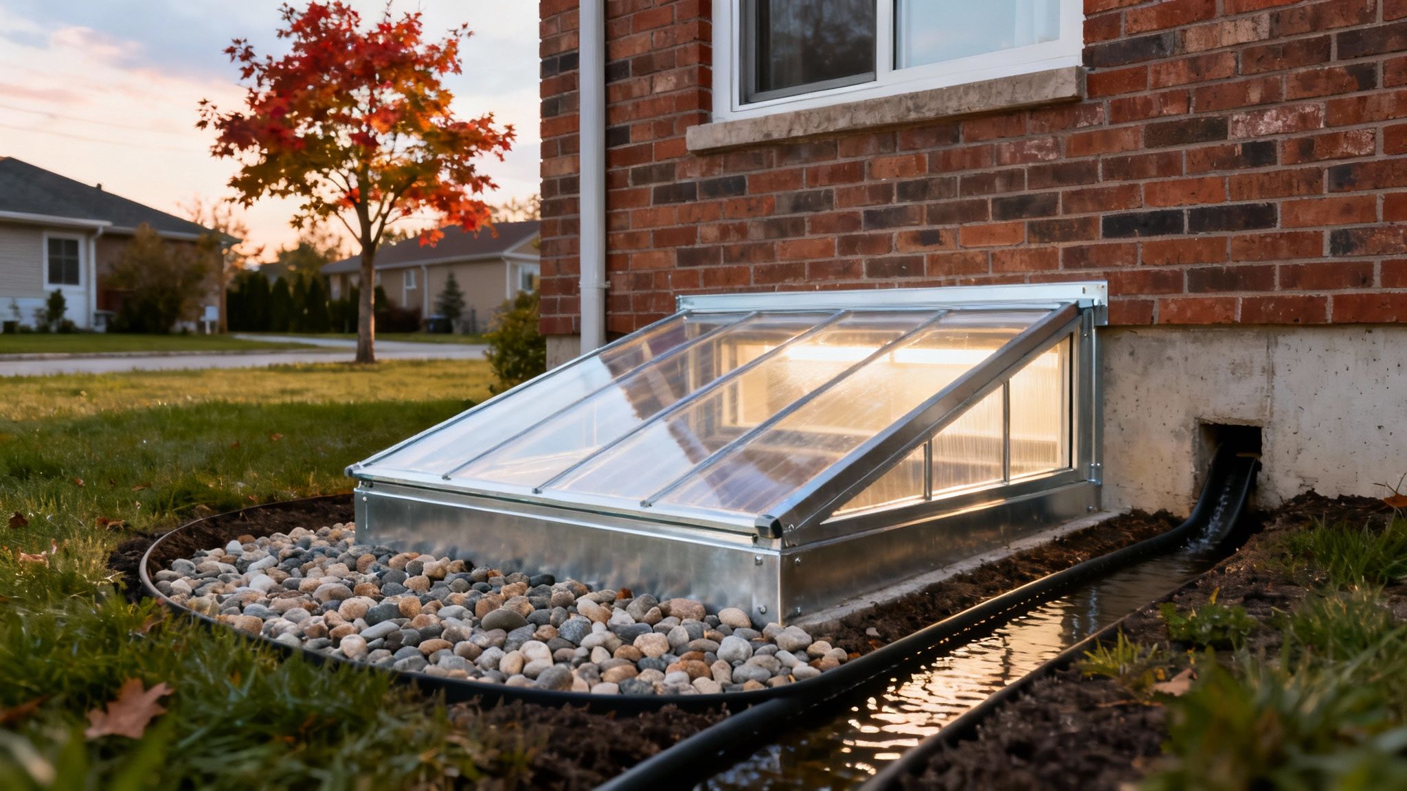 A clear cover over a basement window well surrounded by decorative pebbles and a drainage pipe.