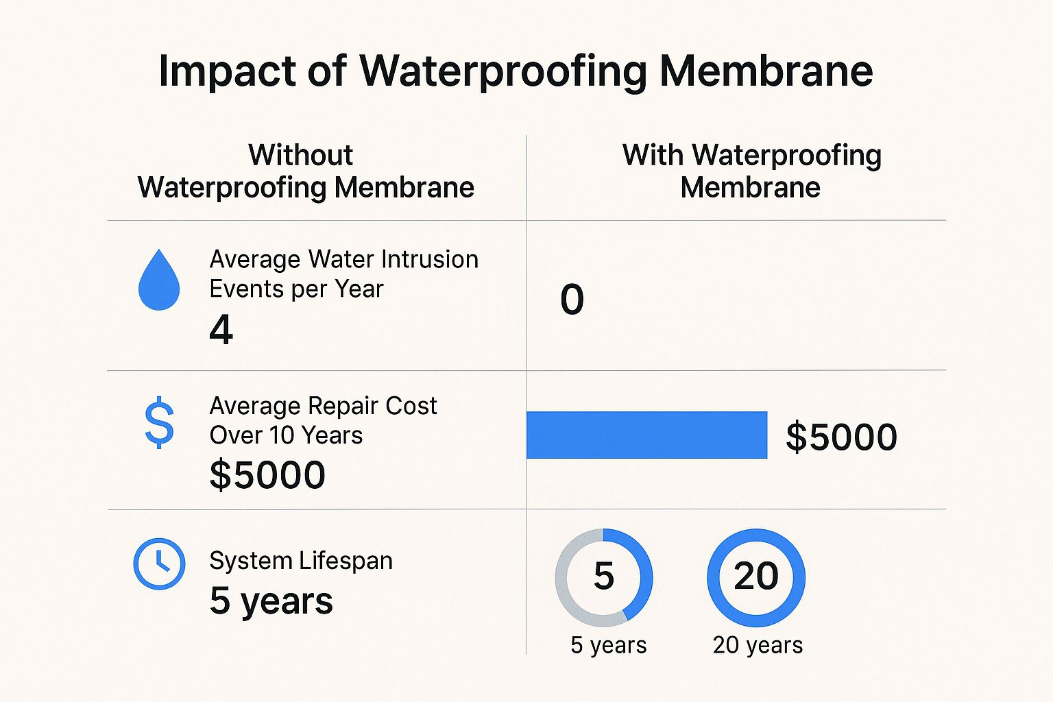 Infographic comparing the impact of of having a basement waterproofing membrane versus not having one, showing differences in water intrusion, repair costs, and system lifespan.
