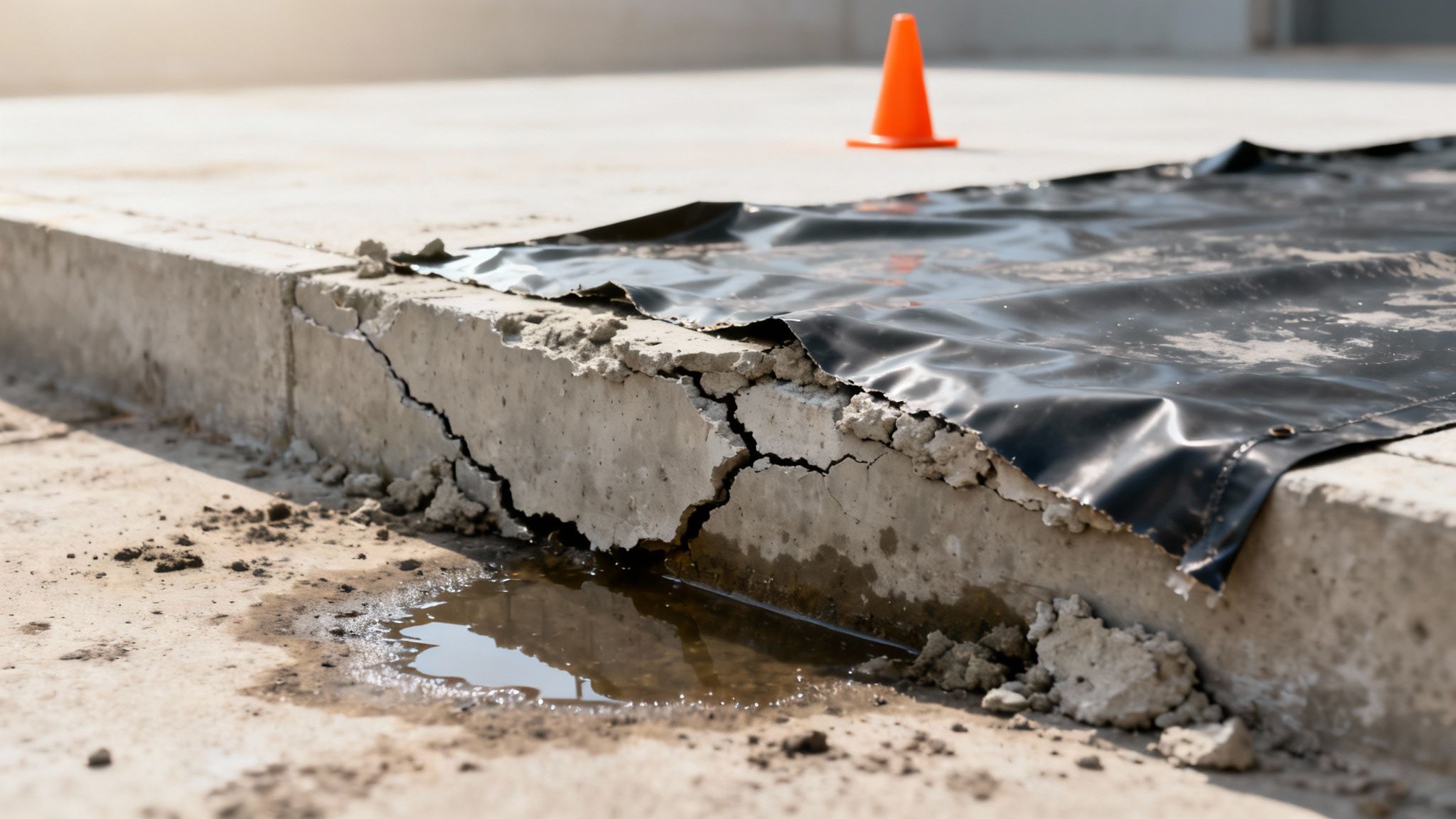 Severely cracked concrete foundation with black tarp, standing water, and construction debris.