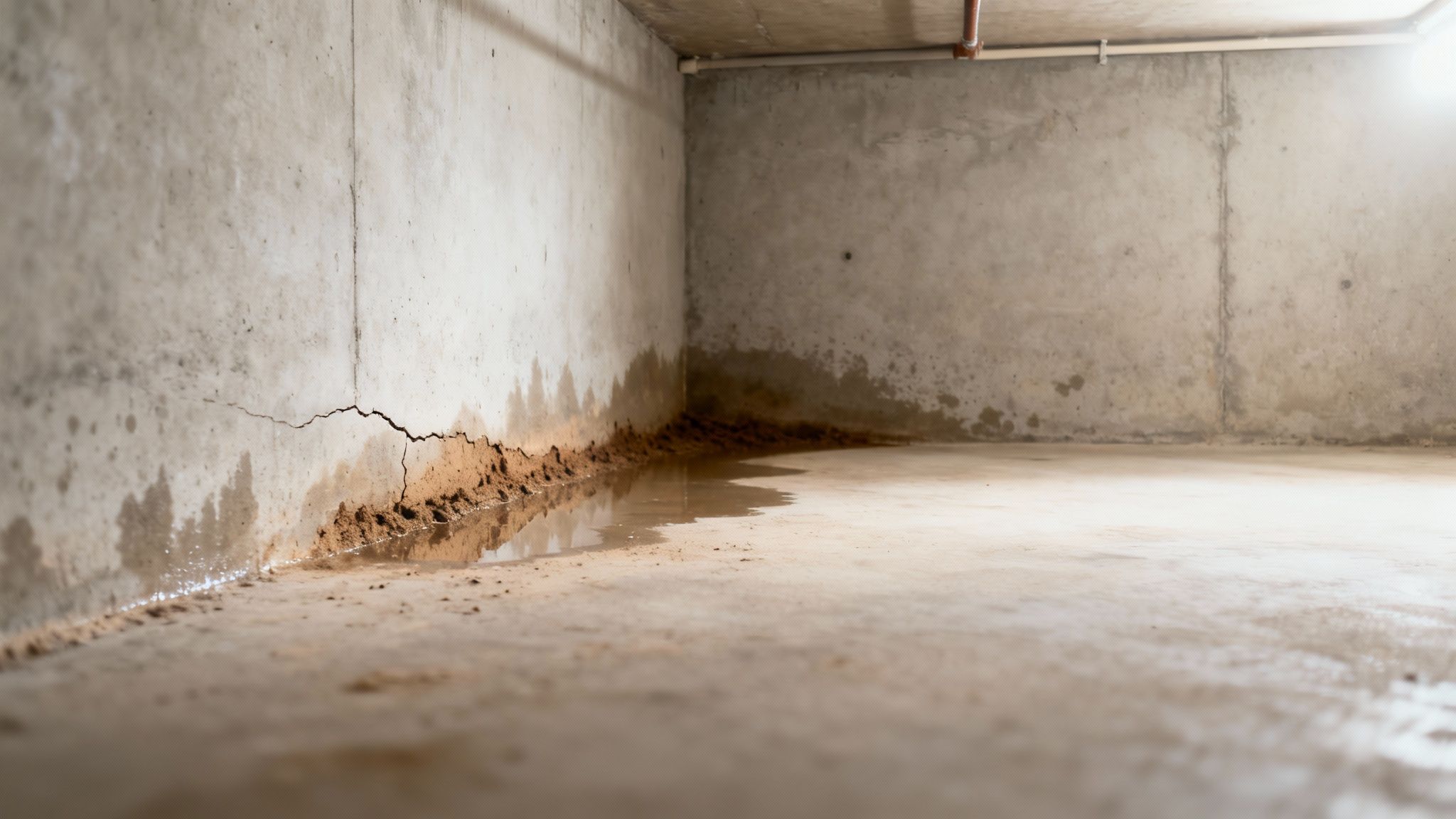 A damp concrete basement corner showing a large crack, water leakage, and mud accumulation.