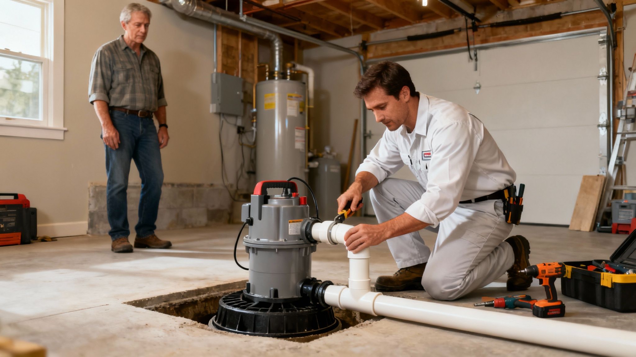 Professional contractor inspecting a sump pump installation in a clean basement.
