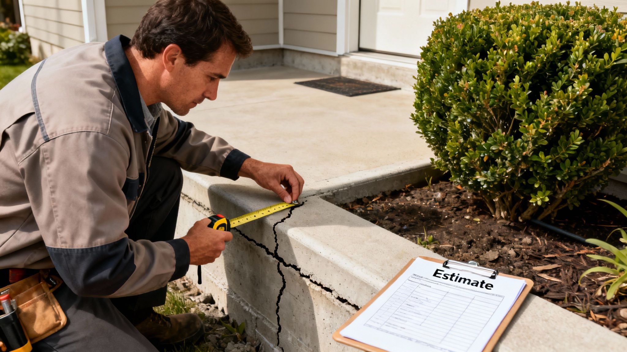 A man in work clothes kneels, measuring a large crack in a concrete foundation wall with a tape measure. An estimate clipboard is nearby.