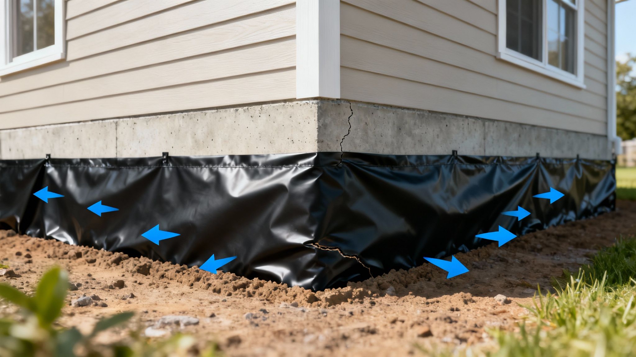 An exposed foundation wall with a black waterproofing membrane being applied.