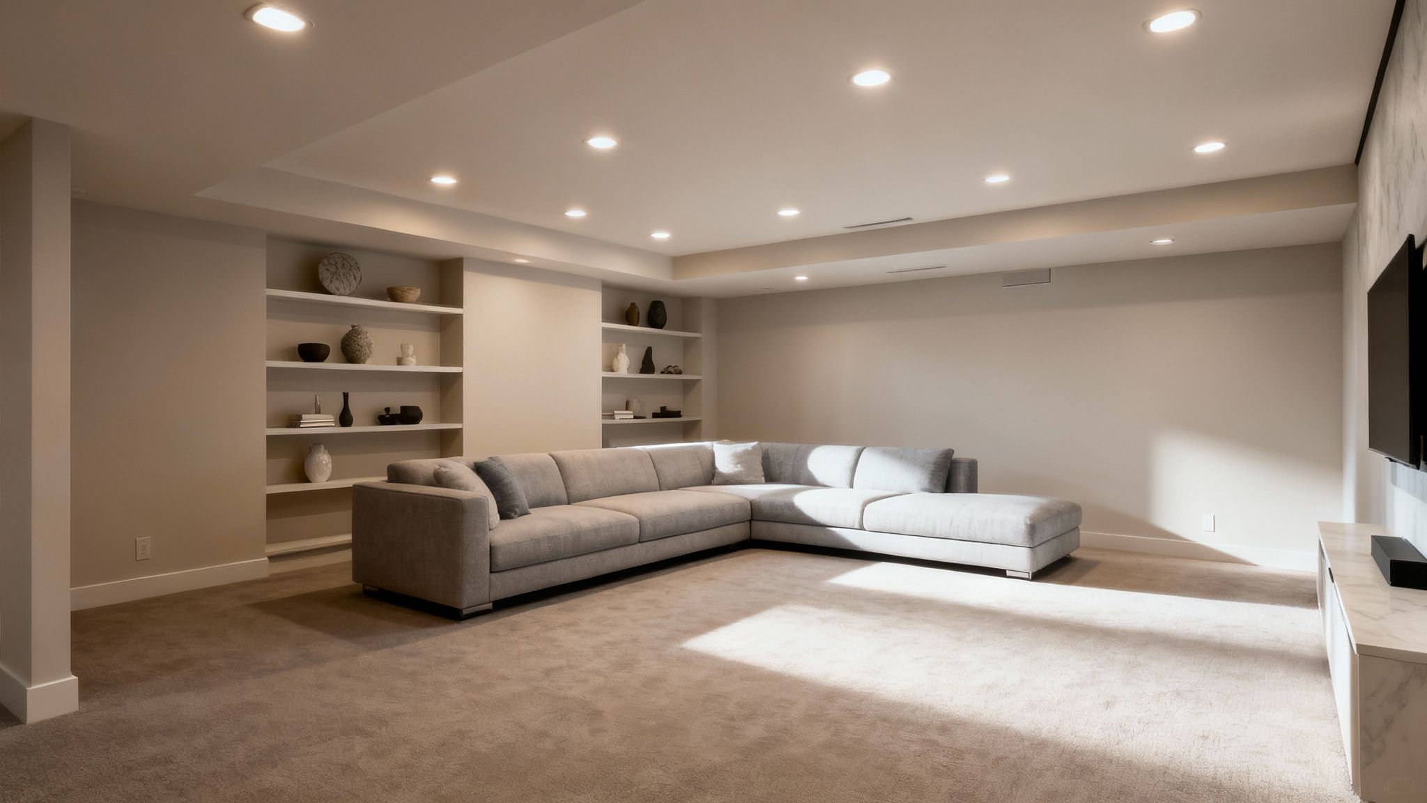 A beautifully remodeled basement with modern finishes and comfortable seating.