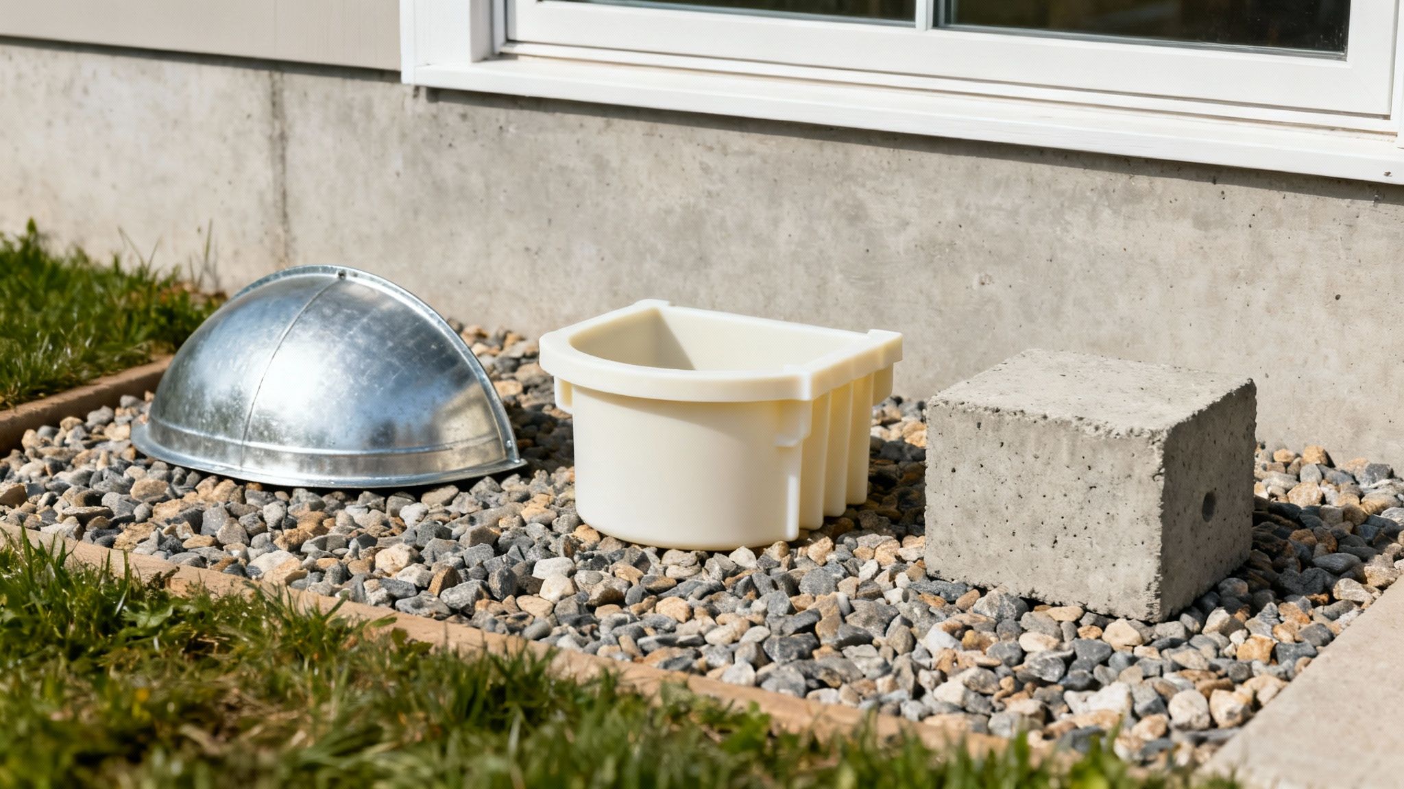 Three components for a basement window well sit on gravel next to a house foundation.