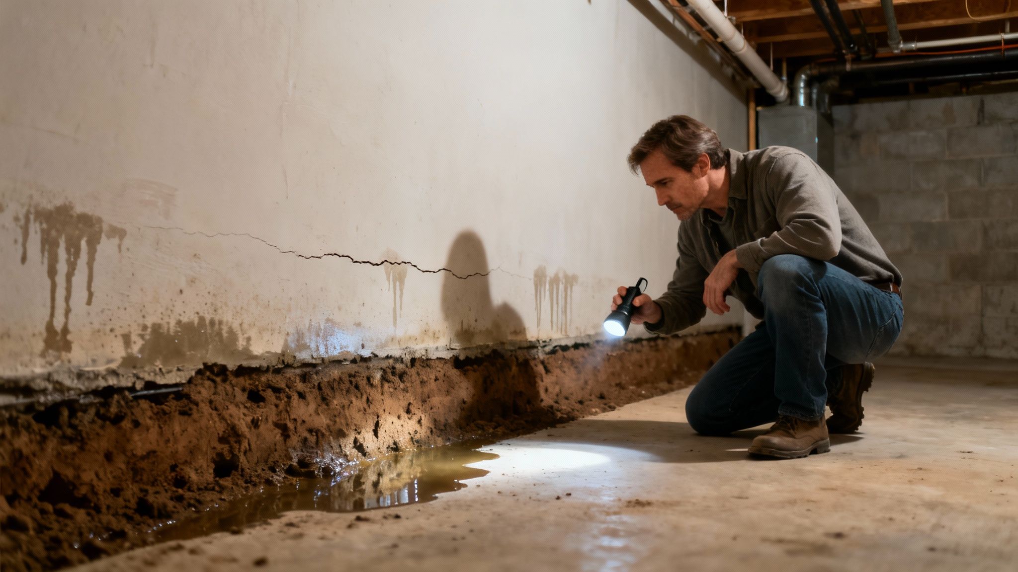 Man inspecting a damp basement wall with a flashlight, revealing cracks and water damage.