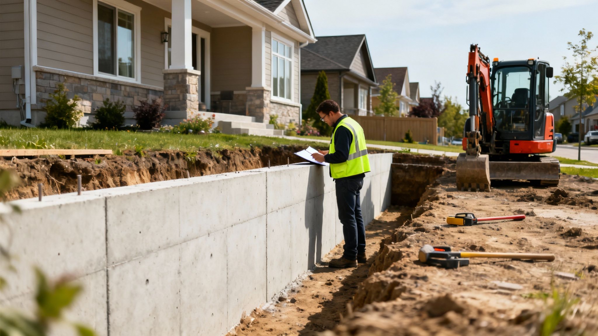 Construction worker inspecting a newly poured concrete basement foundation wall at a building site.