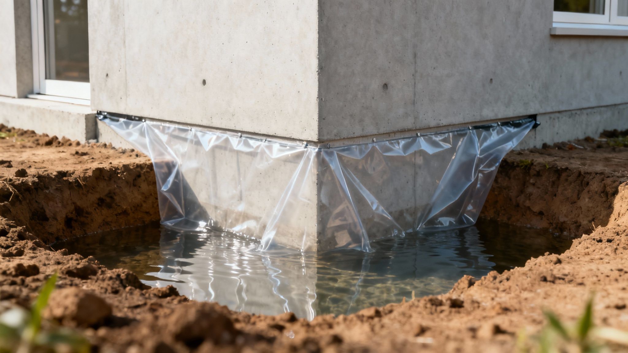 A worker applying a black waterproof membrane to a concrete foundation wall.