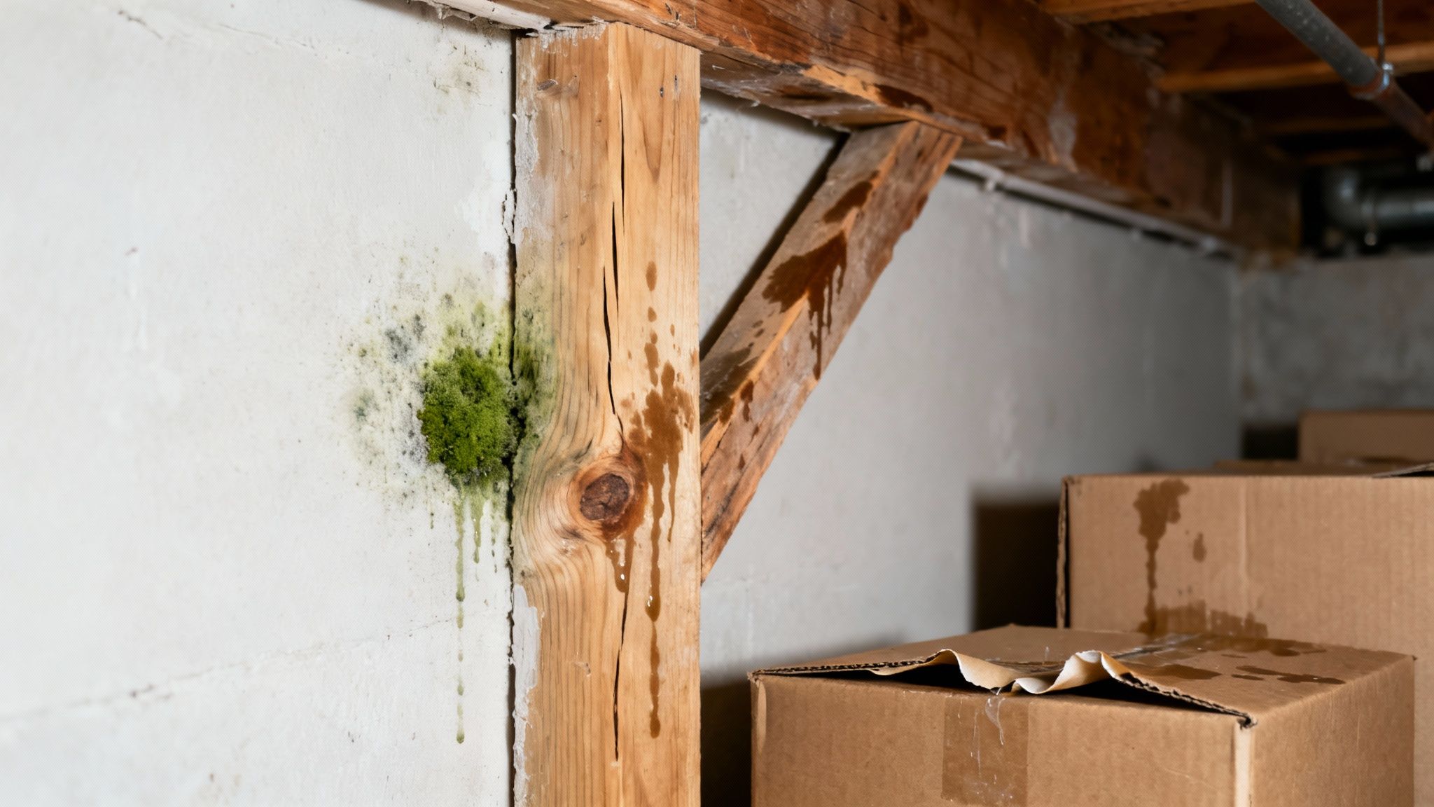 A damp basement showing green mold growth on a white wall and water damage on wooden structures and boxes.