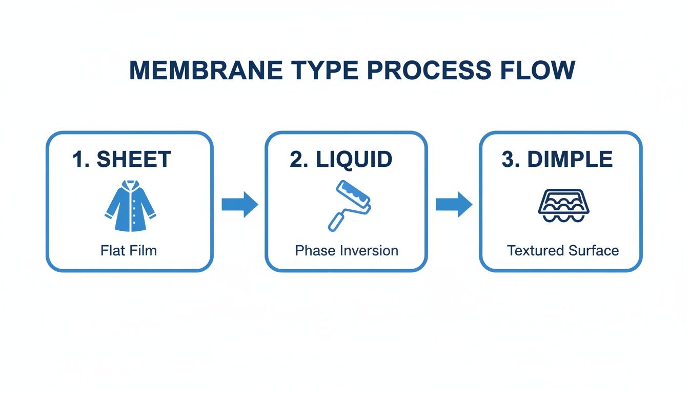 Diagram illustrating the three-step membrane type process flow from sheet to textured surface.