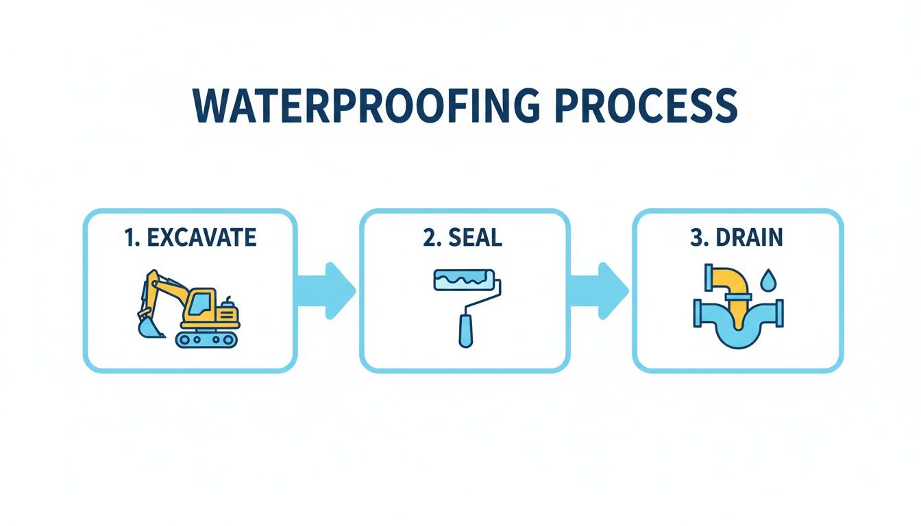 Diagram illustrating the three-step waterproofing process: excavate, seal, and drain with corresponding icons.