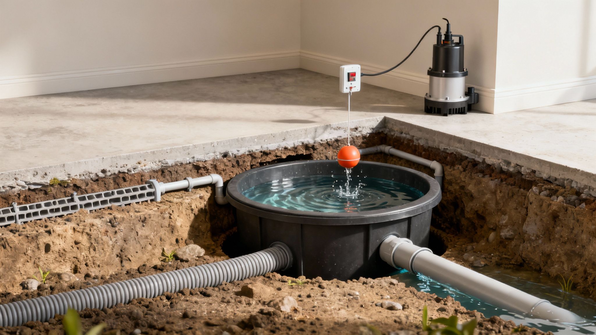 Underground sump pit with water, float switch, pump, and drainage pipes beneath concrete floor.