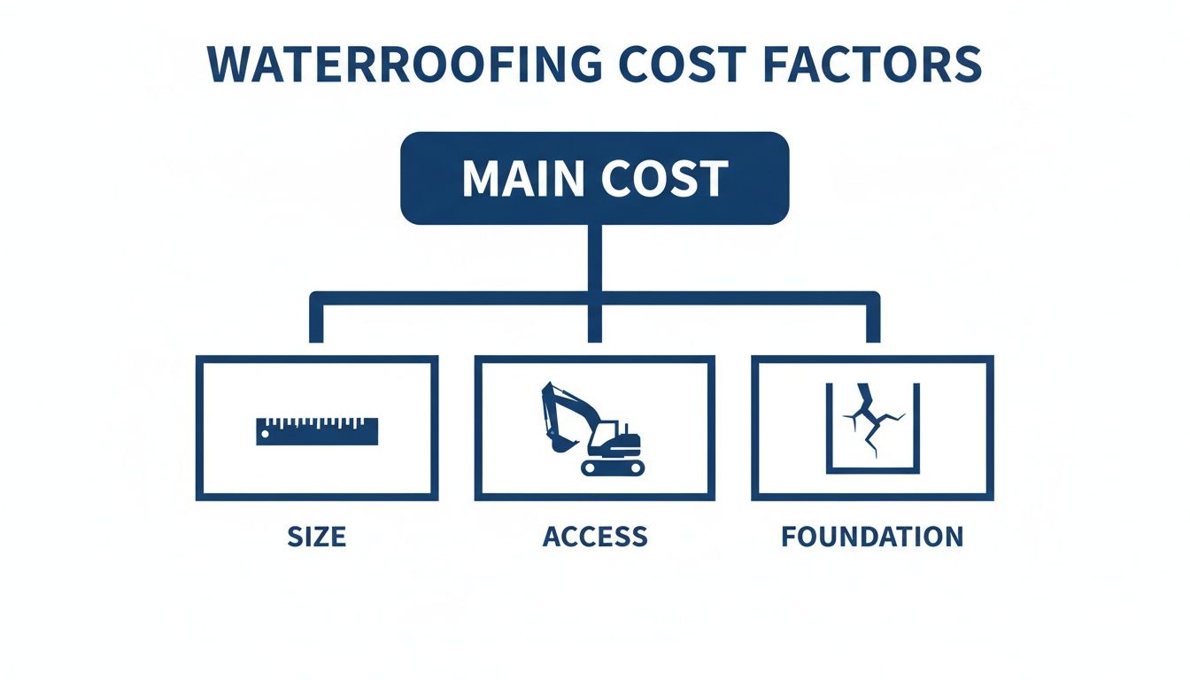 A diagram illustrating the main cost factors for waterproofing, including size, access, and foundation condition.