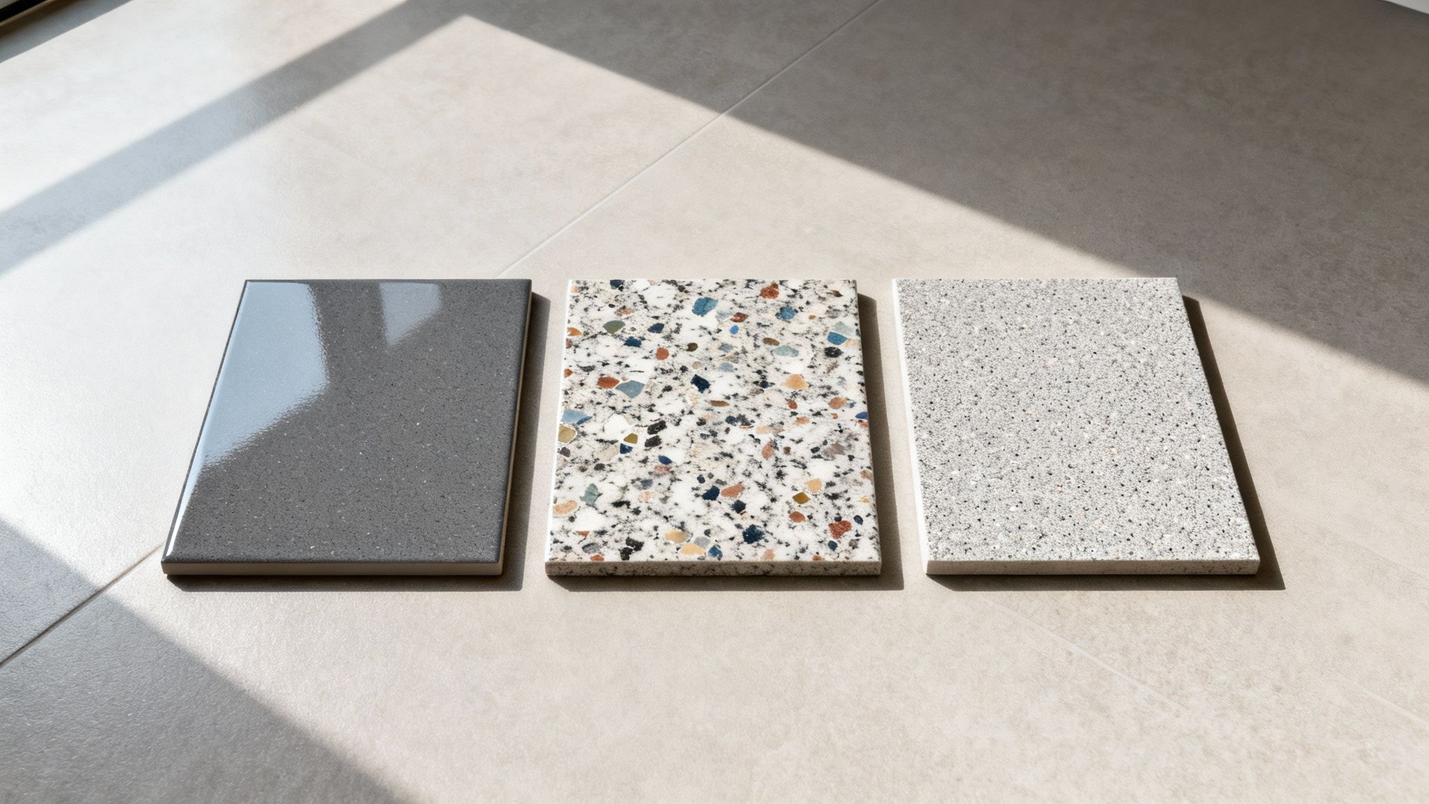 Three grey and white tile samples (terrazzo, glossy, speckled) laid on a concrete floor with sunlight.