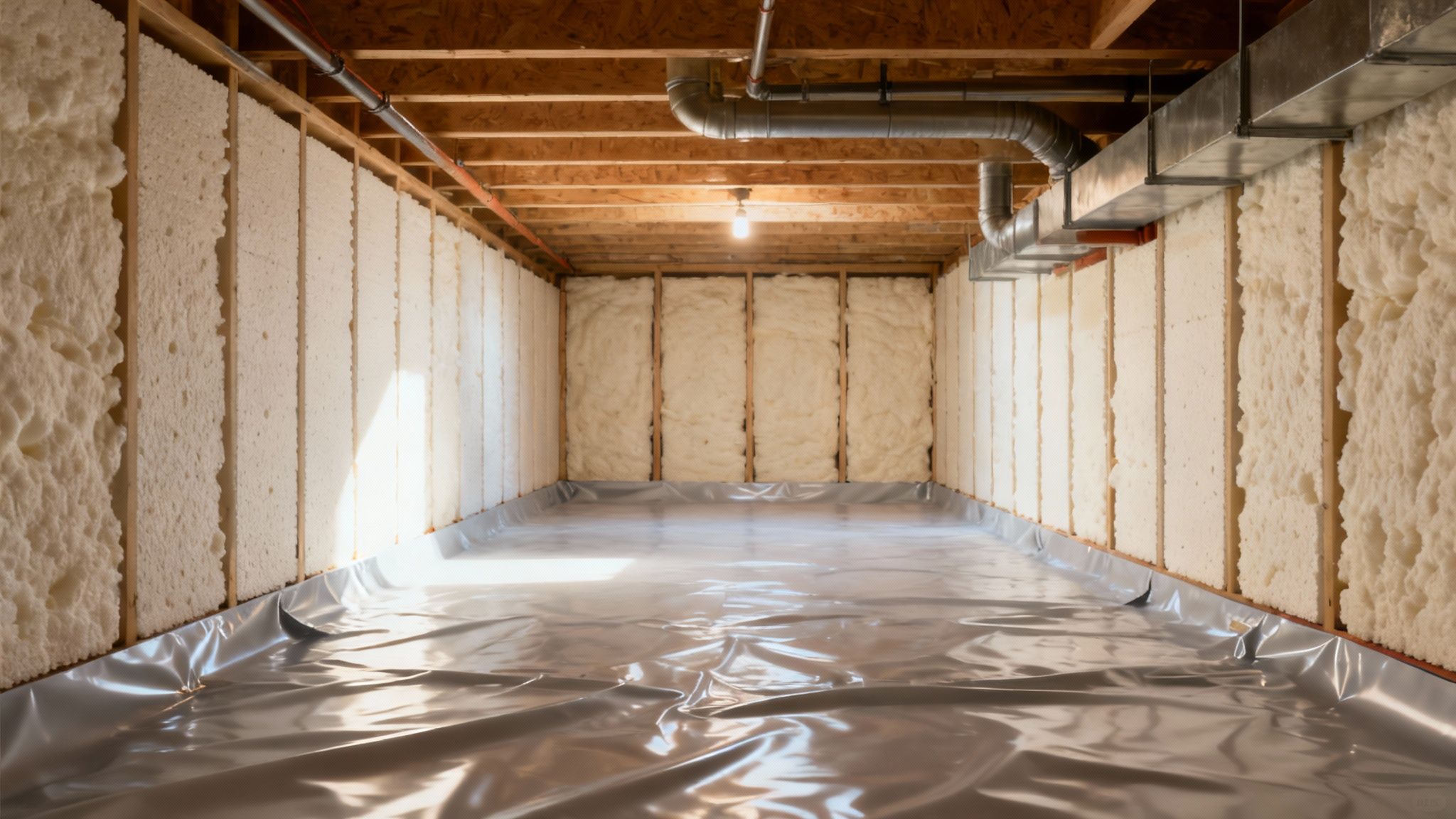 A fully encapsulated crawl space with bright white vapor barrier on the walls and floor, creating a clean and dry environment.