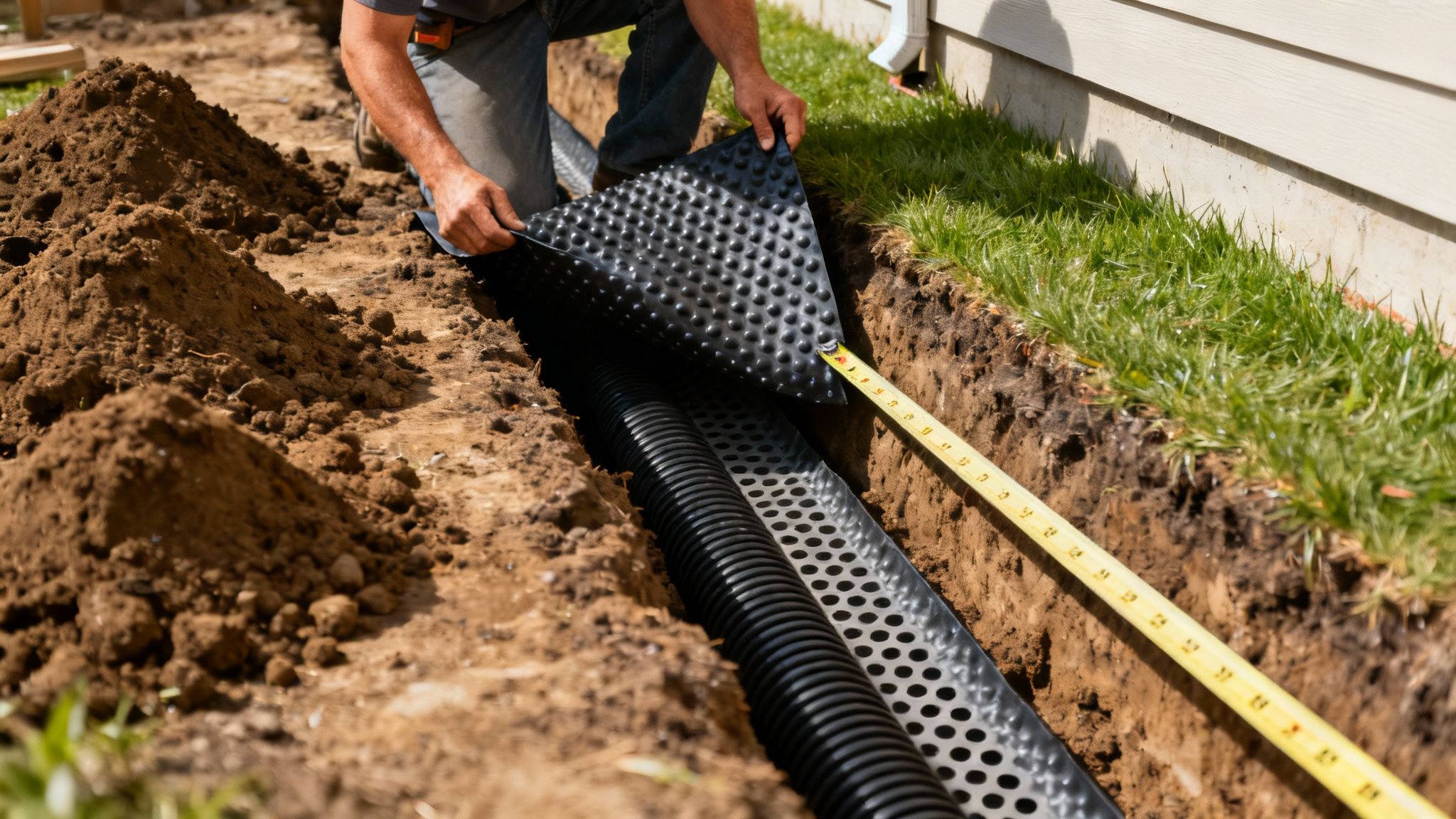 Worker installing perforated drainage pipe and waterproofing membrane in excavated foundation trench