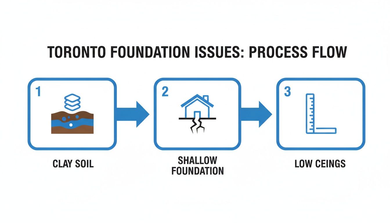 A process flow diagram showing Toronto foundation issues: clay soil leads to shallow foundations, causing low ceilings.