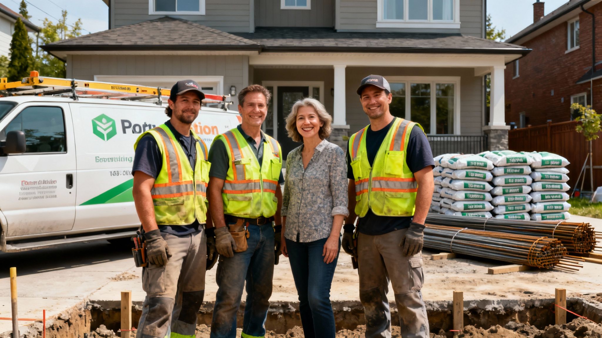 Professional construction team and homeowner posing together at residential underpinning project site in Toronto