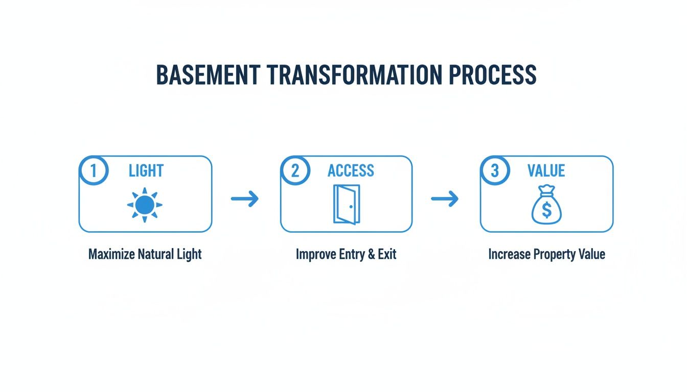 Infographic showing a 3-step basement transformation process: maximize light, improve access, and increase property value.