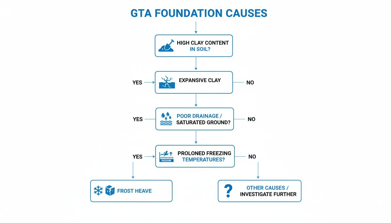 Flowchart illustrating GTA foundation causes, including expansive clay and frost heave.