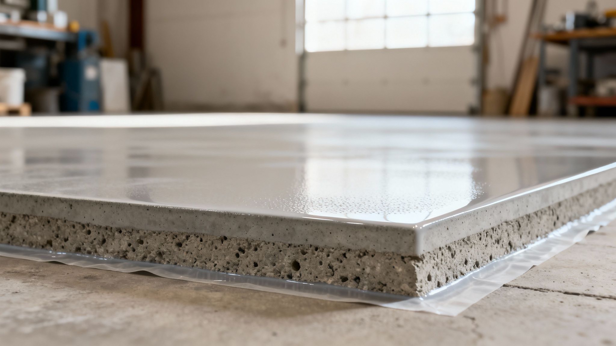 Detailed view of a concrete slab with a smooth, glossy top layer and a rougher concrete base, on plastic.