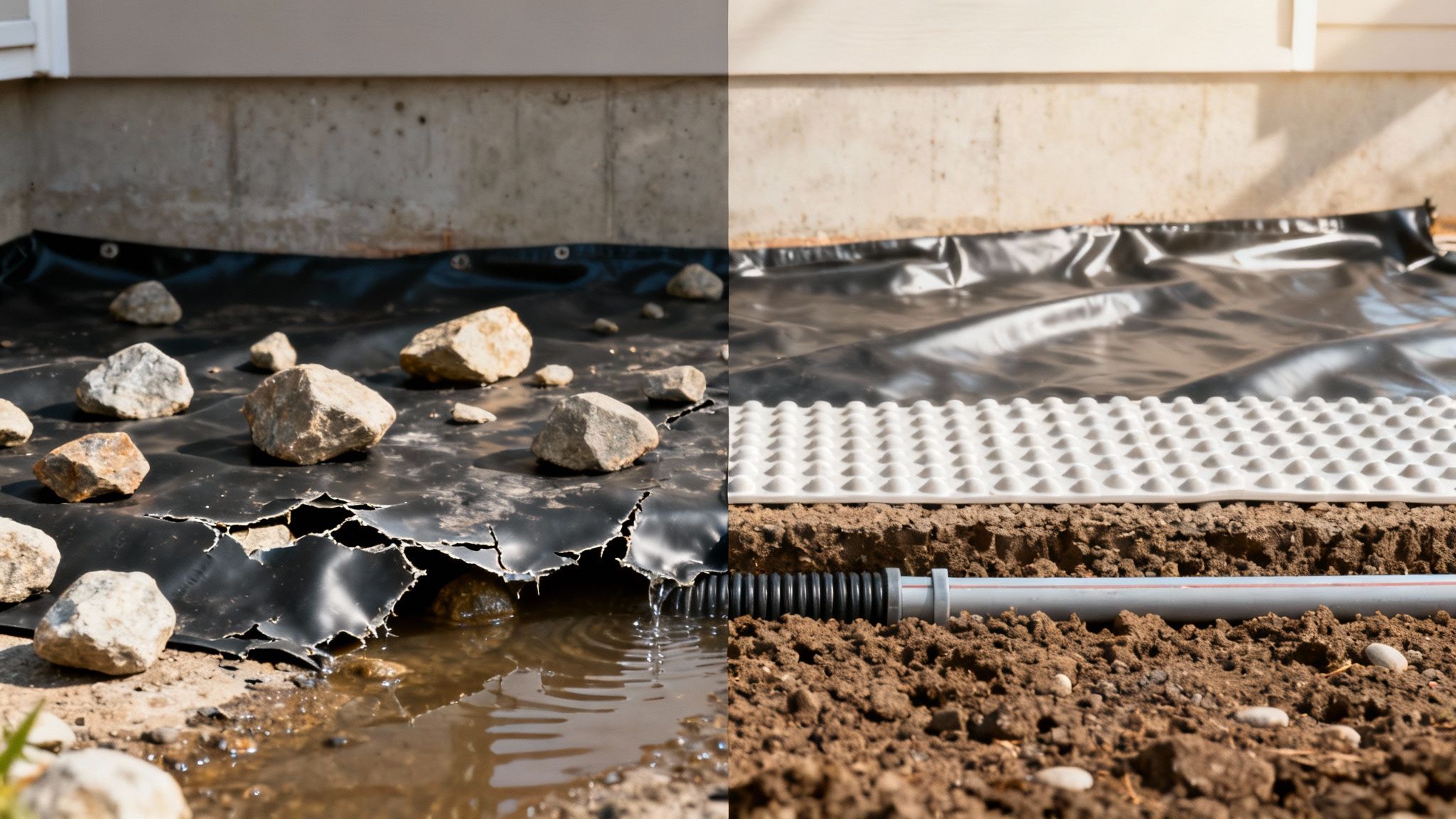 Split image showing a failing foundation waterproofing system on the left and a new, effective drainage solution on the right.