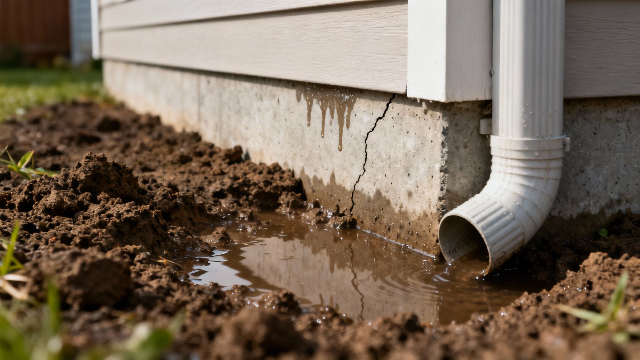 Rainwater pours from a downspout, pooling by a house's cracked foundation, causing potential damage.