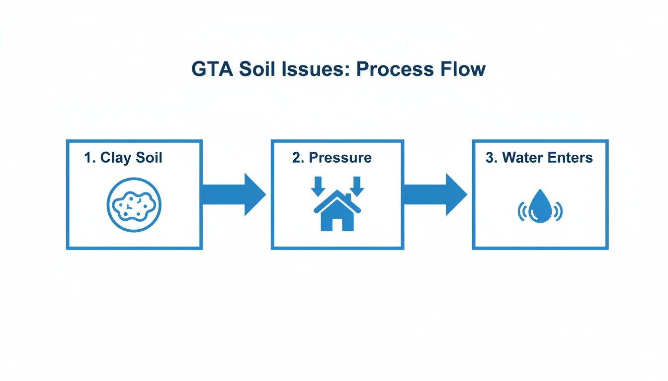 Diagram showing how clay soil leads to pressure on a house, resulting in water entering.