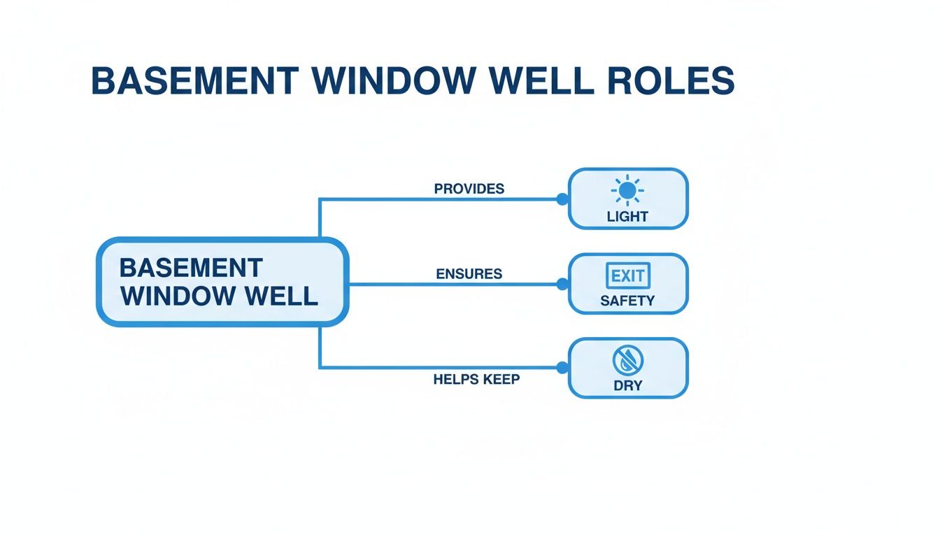 A diagram illustrating the key roles of a basement window well: providing light, ensuring exit safety, and keeping the basement dry.