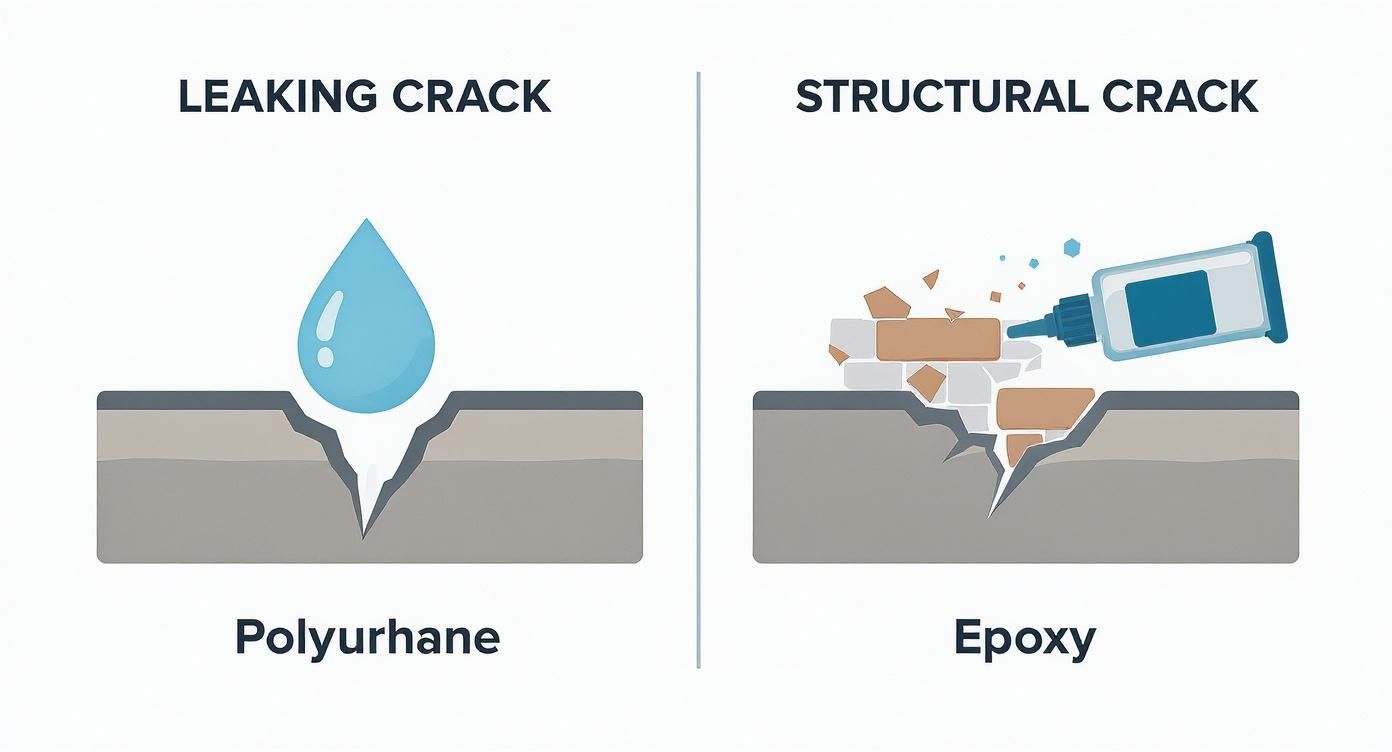 Infographic comparing polyurethane foam injection for leaking cracks with epoxy injection for structural foundation cracks.