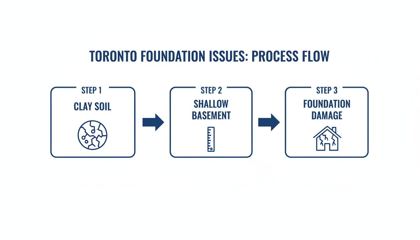 A process flow diagram illustrates Toronto foundation issues: clay soil leads to shallow basements, causing foundation damage.