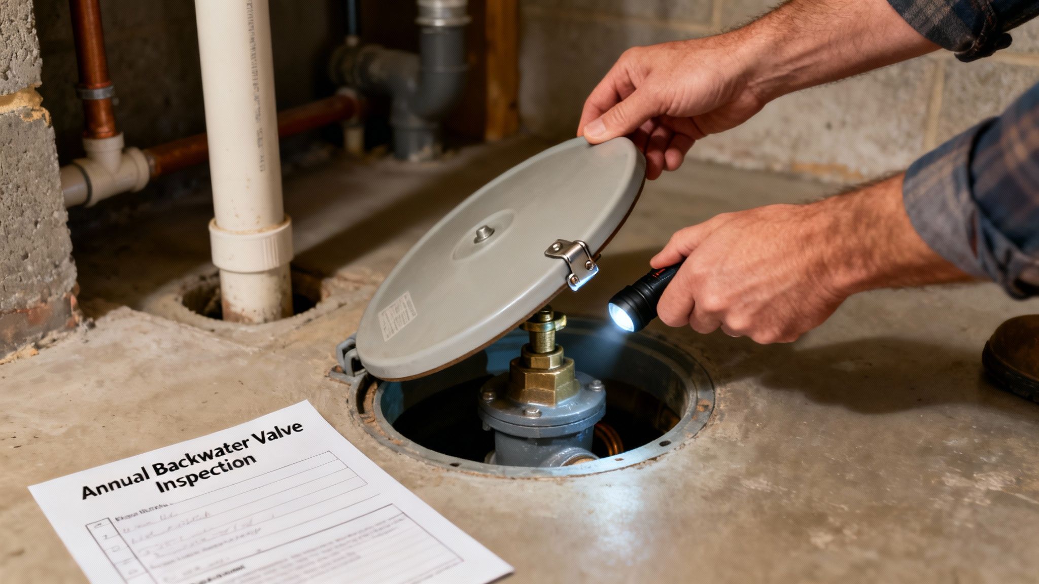 A person with a flashlight inspects an open backwater valve in a basement, with an inspection form.