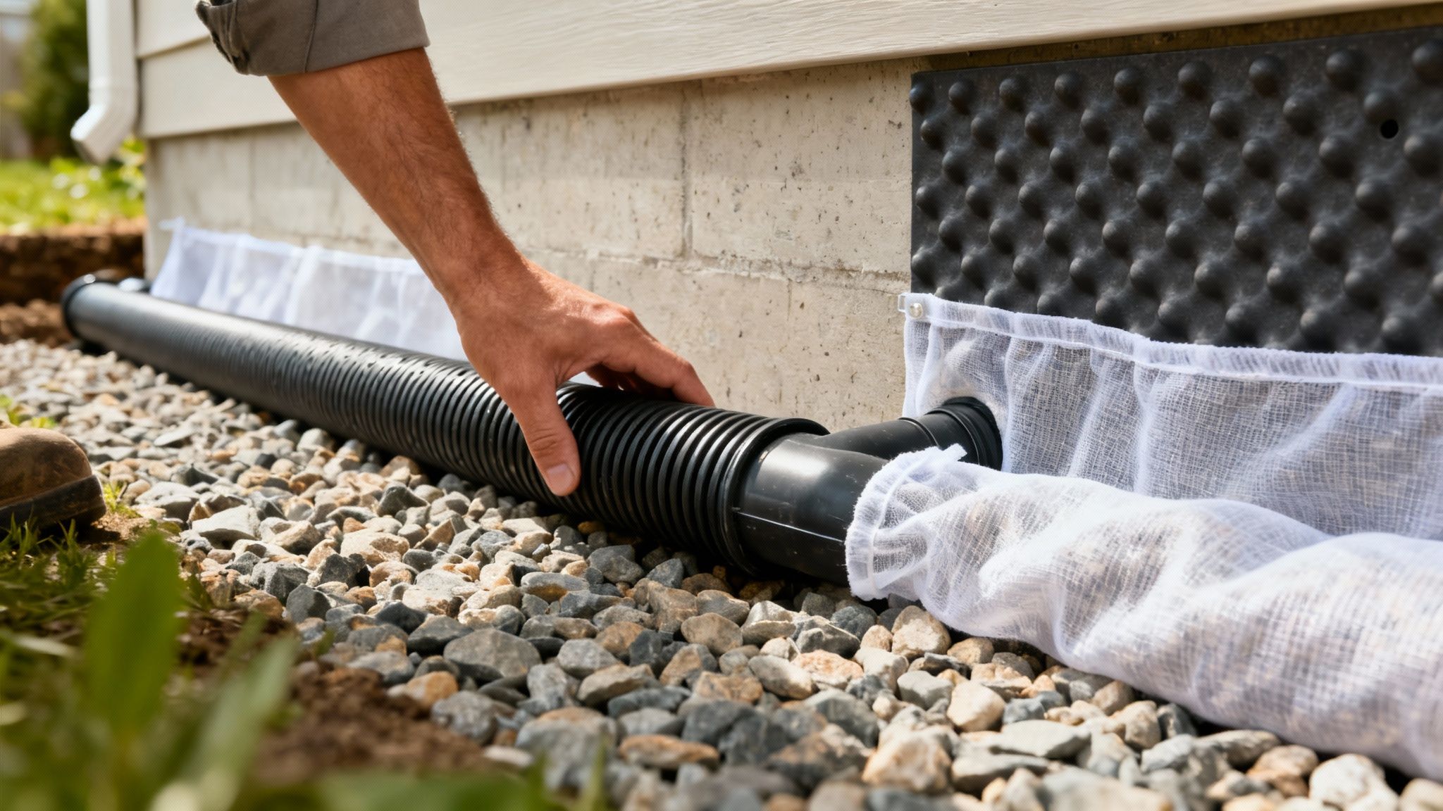 Person installing a black corrugated drain pipe for outside basement waterproofing along a foundation.