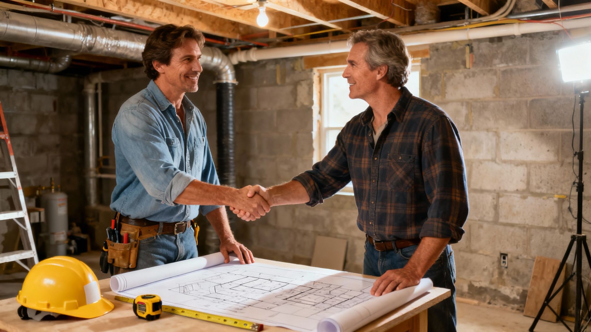 A contractor and homeowner reviewing basement renovation plans together.