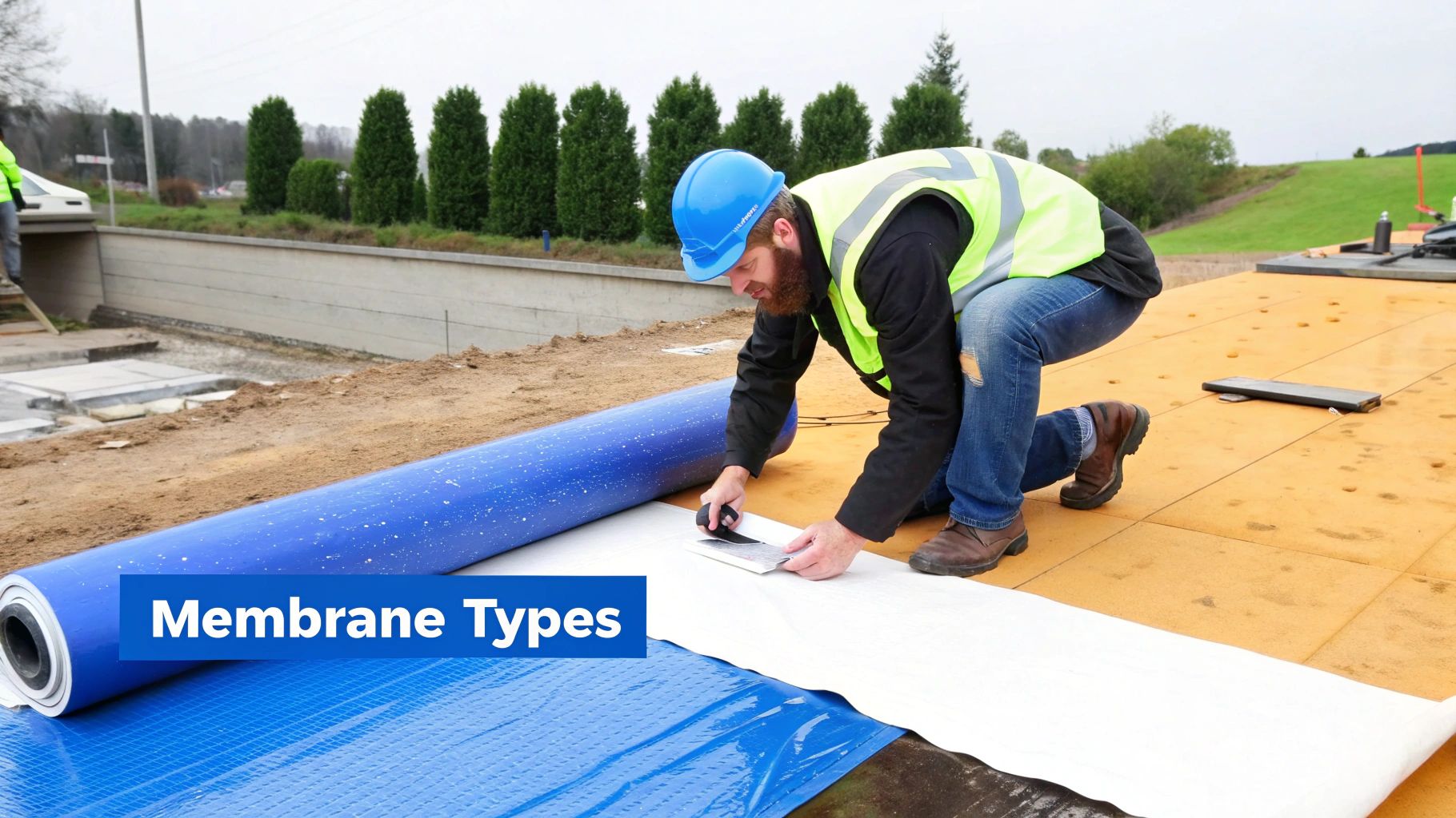 A waterproofing membrane being applied to a complex foundation corner.