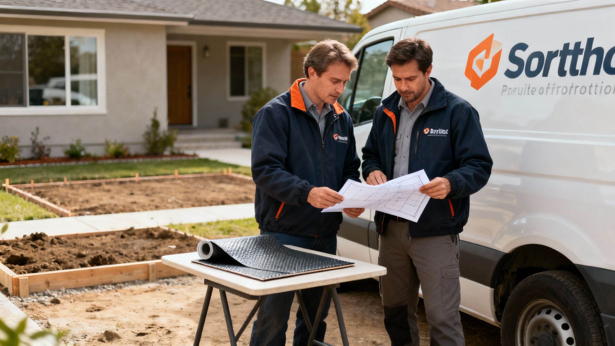Two construction workers in uniform examine blueprints next to a house and materials.