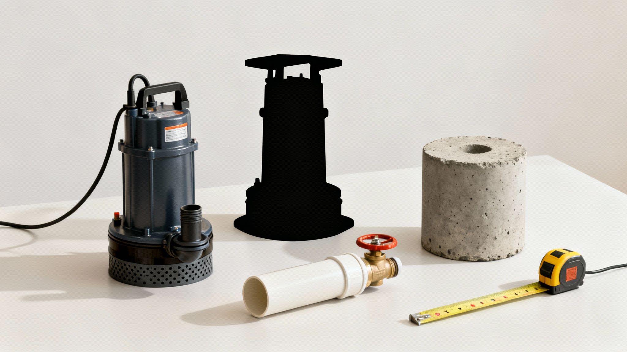 Various tools and equipment for plumbing and construction, including a sump pump, pipe, valve, and tape measure.