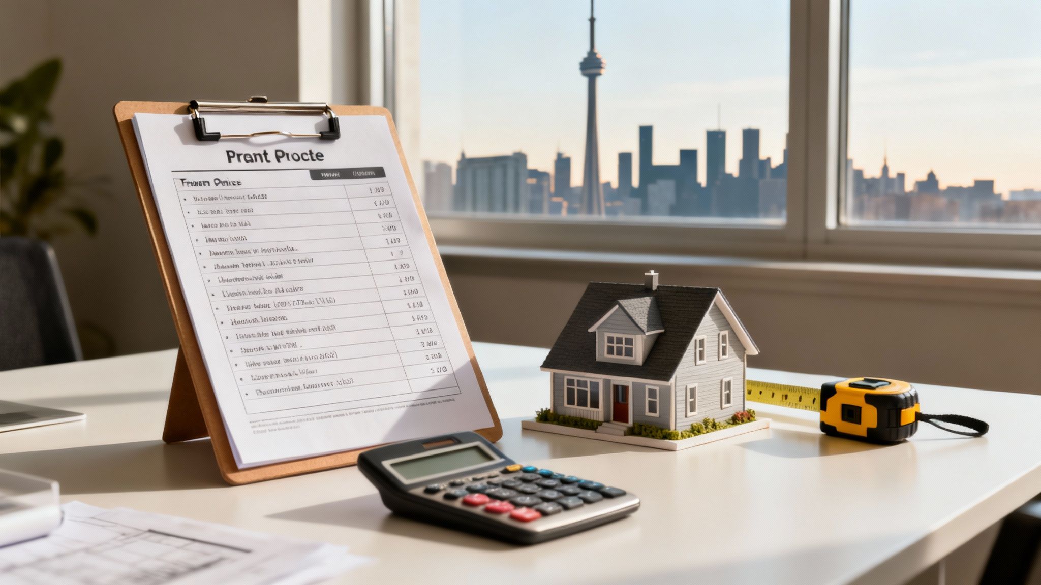 A desk with a house model, calculator, measuring tape, and clipboard, overlooking a cityscape.